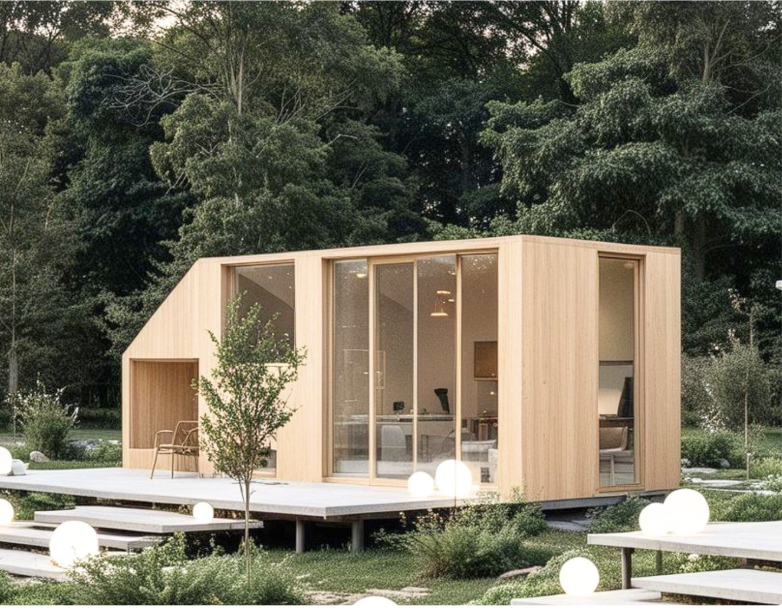 M4 Zen Grove modular prefab cabin with glass walls, 1-bedroom design, set in nature